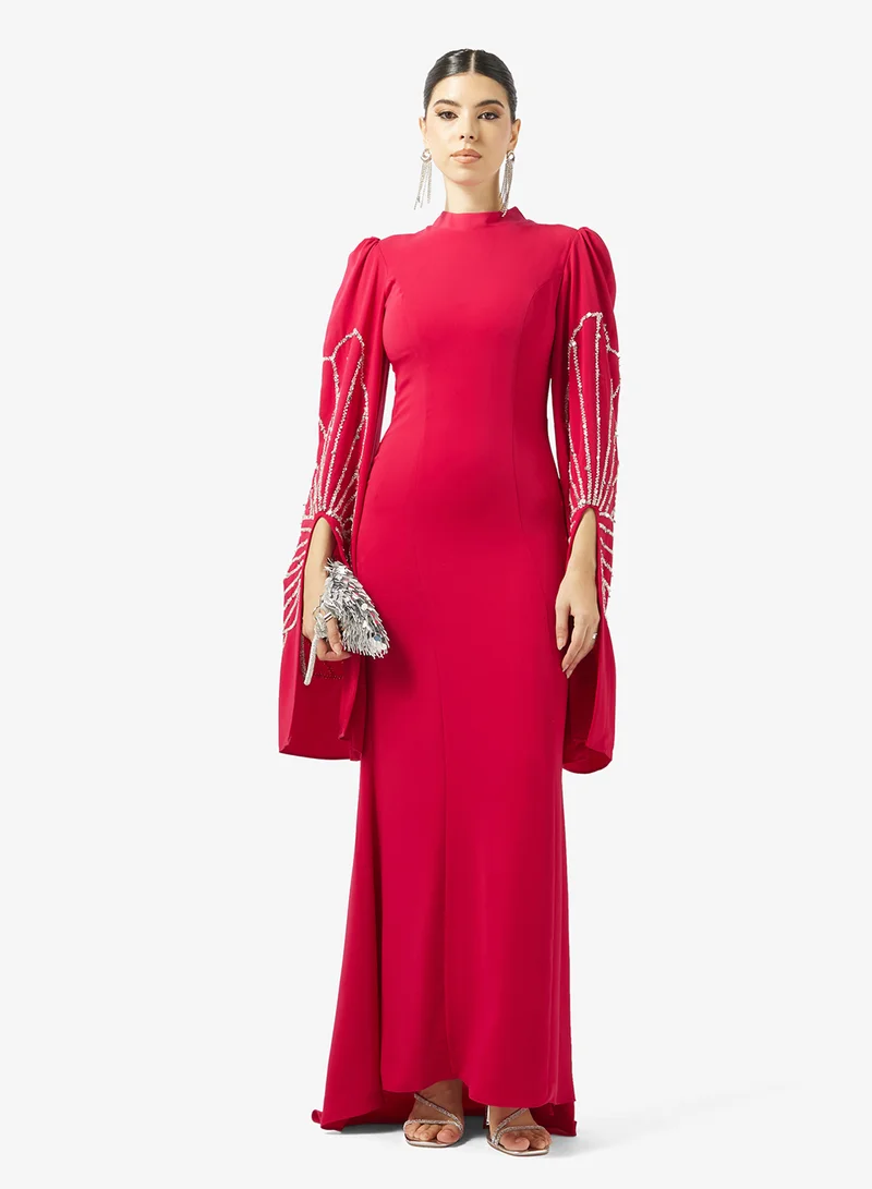 Akadia Fashion  BEADED WIDE SLEEVES CREPE DRESS for Women | Best Price UAE